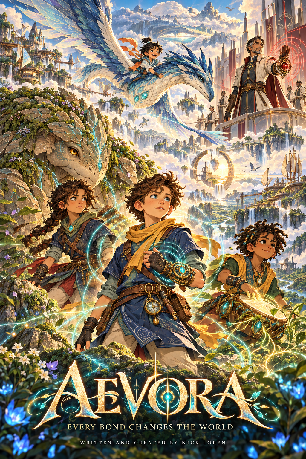 Pôster original de Aevora, com seus personagens e criaturas em um mundo acima das nuvens