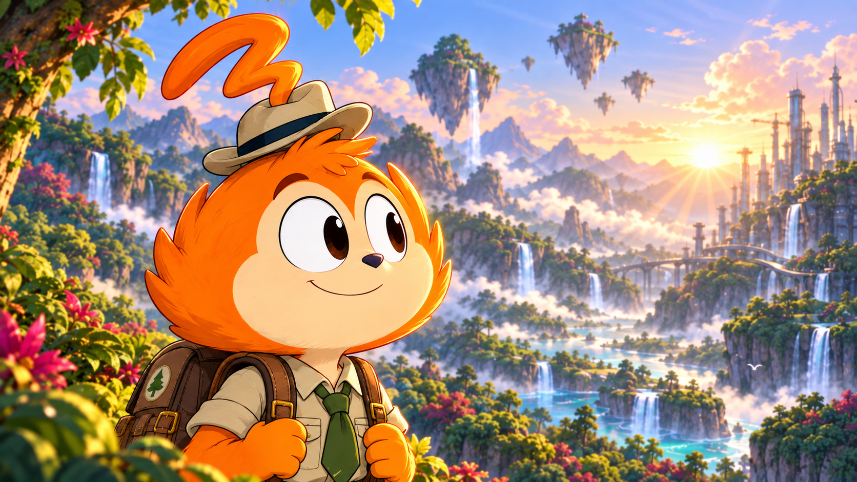 Farful com seu chapéu de explorador, com cachoeiras e ilhas flutuantes ao fundo